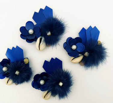 Hand Embroidered Blue Applique With Cowrie Shell, Sequins,Pearl and Feather Pom Pom